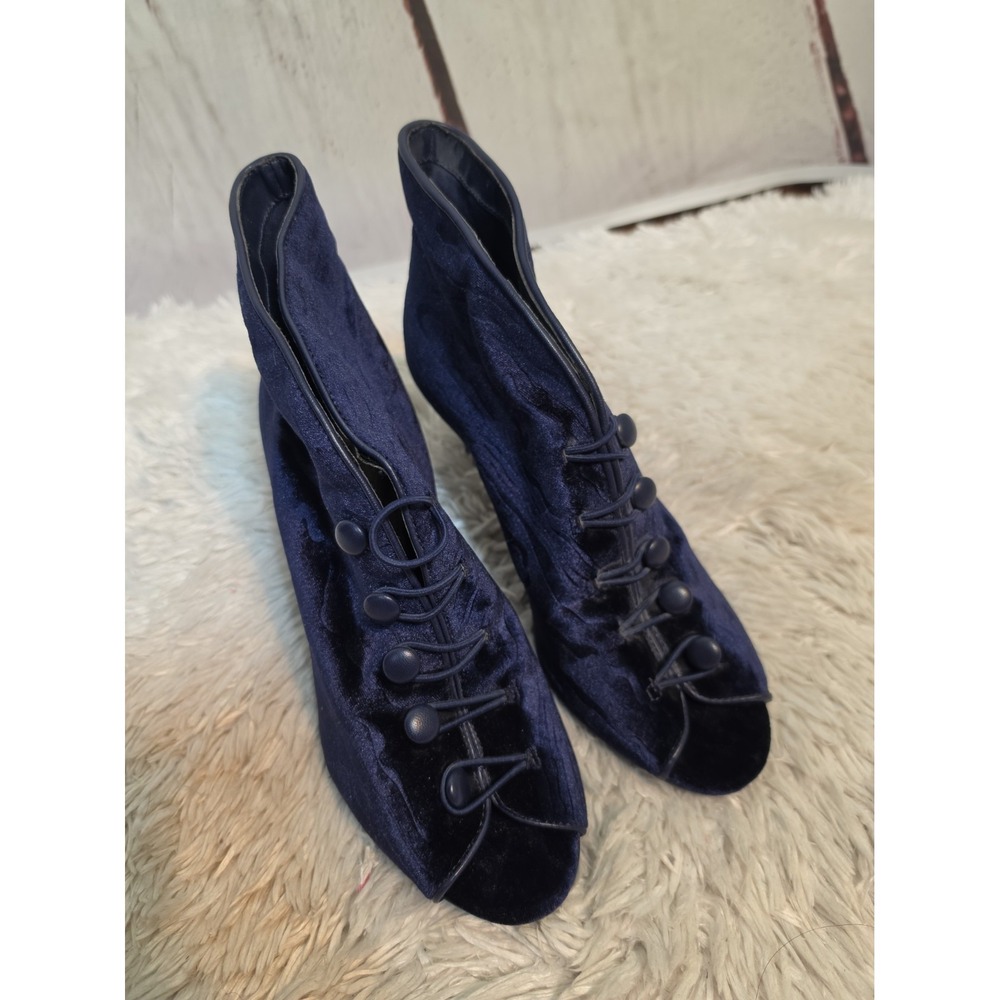 Impo Navy Blue Velvet Peep Toe Ankle Booties Button Lace Up High Heels 8.5M